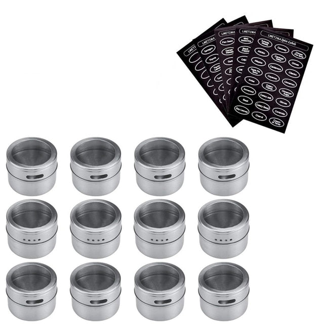 Magnetic Spice Jar Set With Stickers Stainless Steel